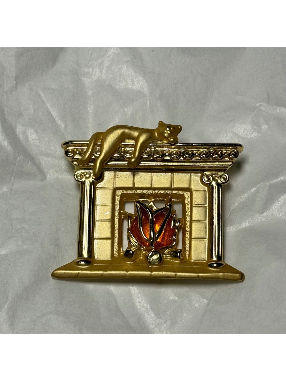 Vintage AJC Gold-Tone Fireplace Brooch with Cat and Amber Flame Detail